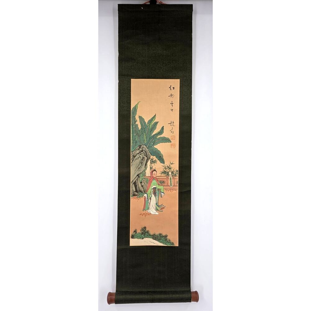 Vintage Chinese Textile Hanging Scroll Court Lady Garden Asian Wall Art